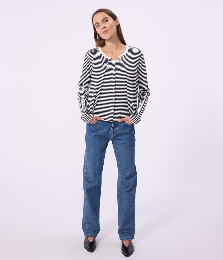 Damen-Cardigan aus Baumwolle mit Streifen blau/weiss