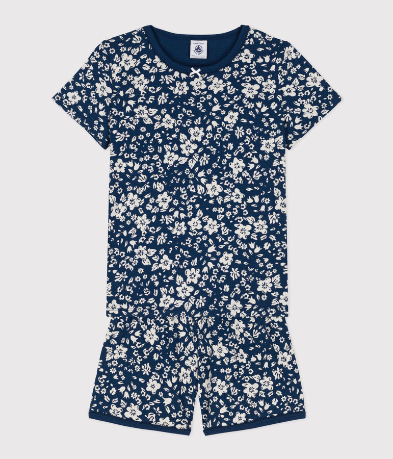 Kinder-Kurzpyjama aus Baumwolle mit Blumenmotiv f&uuml;r M&auml;dchen blau/weiss