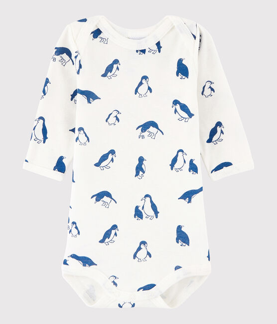 Langärmeliger Baby-Body Mädchen/Jungen weiss MARSHMALLOW/blau MAJOR
