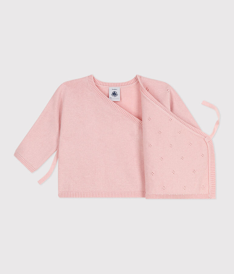 Baby-Wickeljacke aus Woll- und Baumwollstrick mit Lochmuster rosa