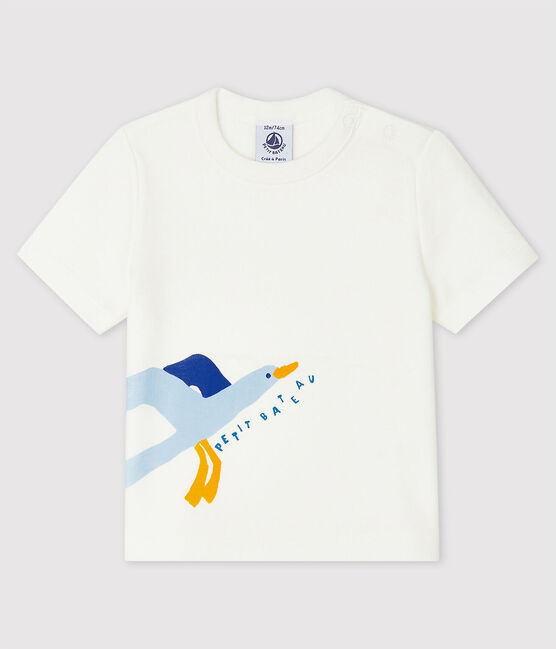 Kurzärmeliges Baby-T-Shirt aus Rippstrick für Jungen weiss MARSHMALLOW