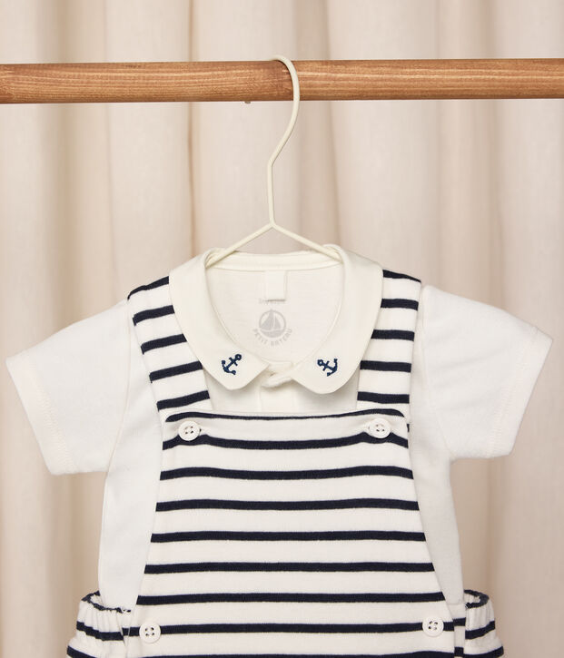 2-teiliges Baby-Set aus Baumwolle mit Streifen und Stickereien weiss/blau