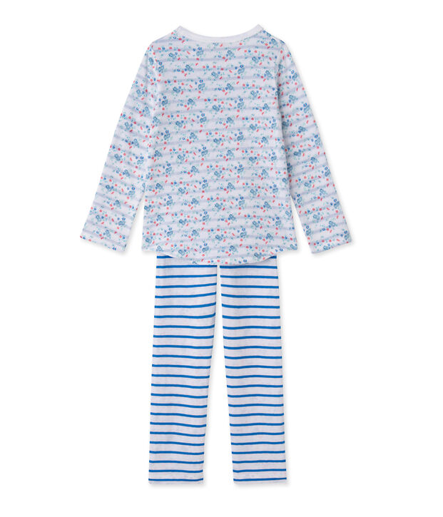 Wendbarer M&auml;dchen-Schlafanzug aus gedoppeltem Jersey weiss/blau/vielfarbig