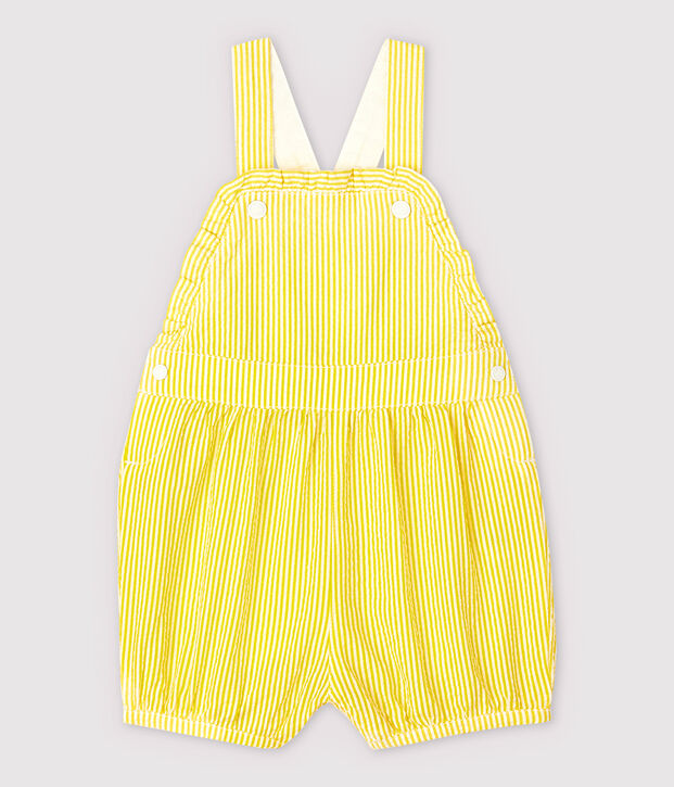 Kurze, gestreifte Baby-Latzhose aus Seersucker f&uuml;r M&auml;dchen gelb/weiss