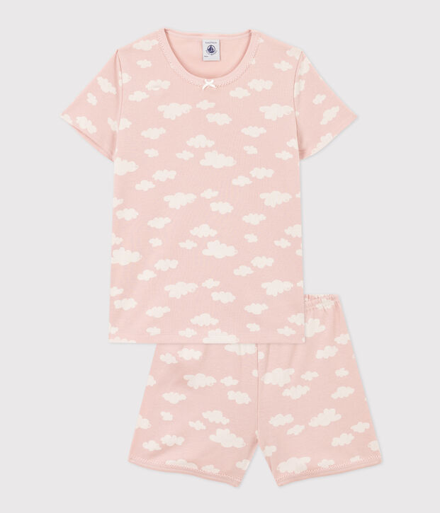 Kinder-Kurzpyjama aus Baumwolle mit Wolkenmotiv f&uuml;r M&auml;dchen rosa/weiss