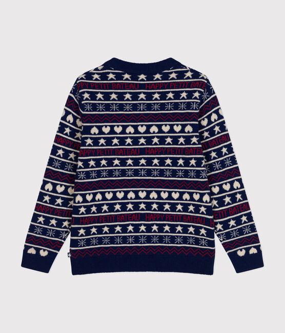 Damen-Pullover aus Woll-und Baumwolljacquard blau MEDIEVAL/weiss MULTICO