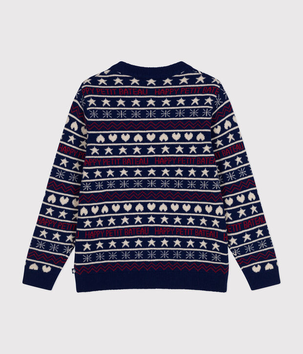 Damen-Pullover aus Woll-und Baumwolljacquard blau/vielfarbig