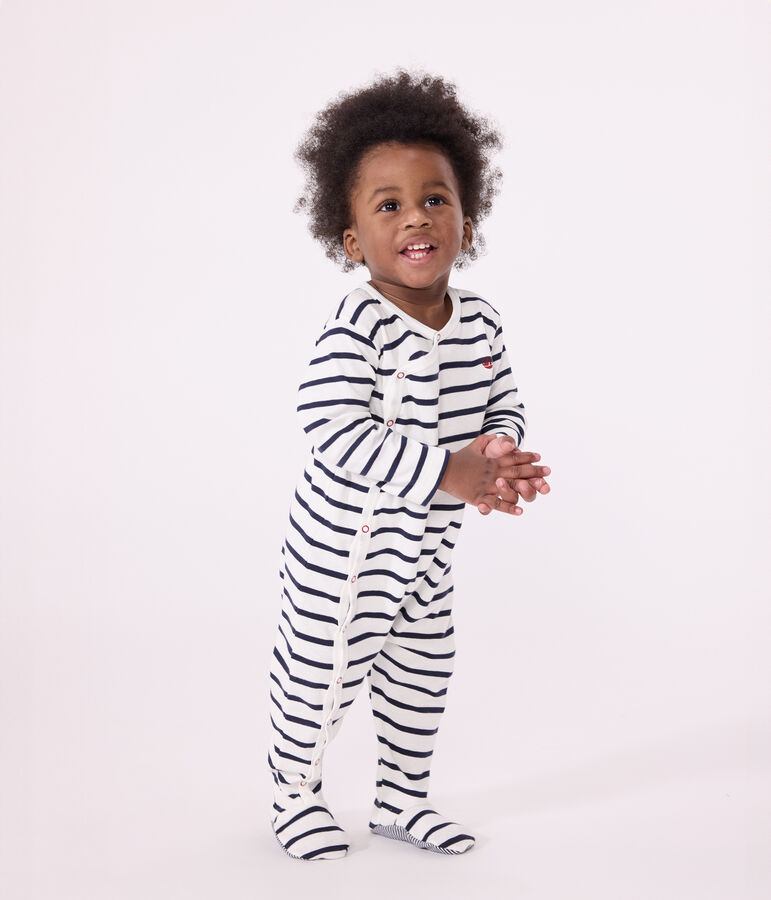 Gestreifter Baby-Pyjama aus Rippstrick weiss/blau