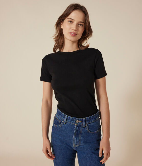 Kurzärmeliges Damen-T-Shirt L'ICONIQUE aus einfarbigem Rippstrick schwarz BLACK