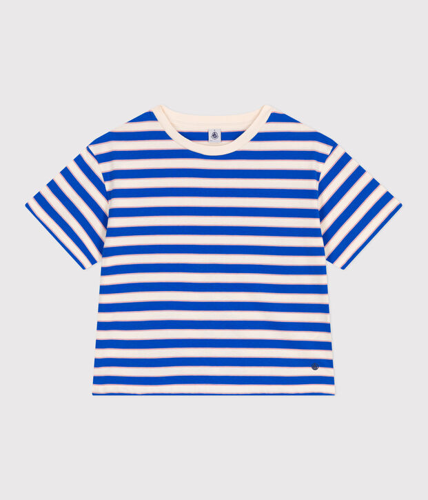 Damen-T-Shirt Le Boxy aus Baumwolle mit Streifen naturfarben/vielfarbig