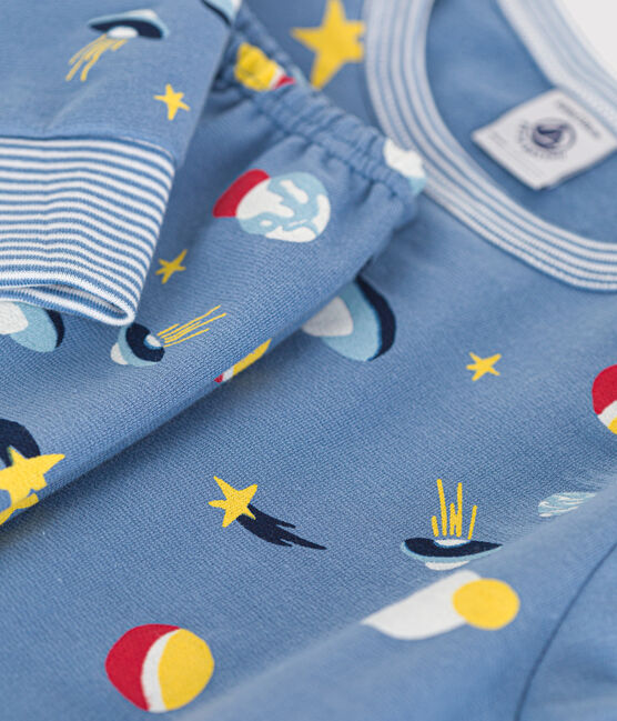 Kinder-Pyjama aus aufgerautem Molton mit Weltraummotiv blau BEACH/ MULTICO