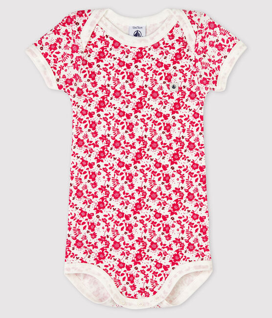 Kurzärmeliger Baby-Body für Mädchen weiss MARSHMALLOW/rosa FLASHY