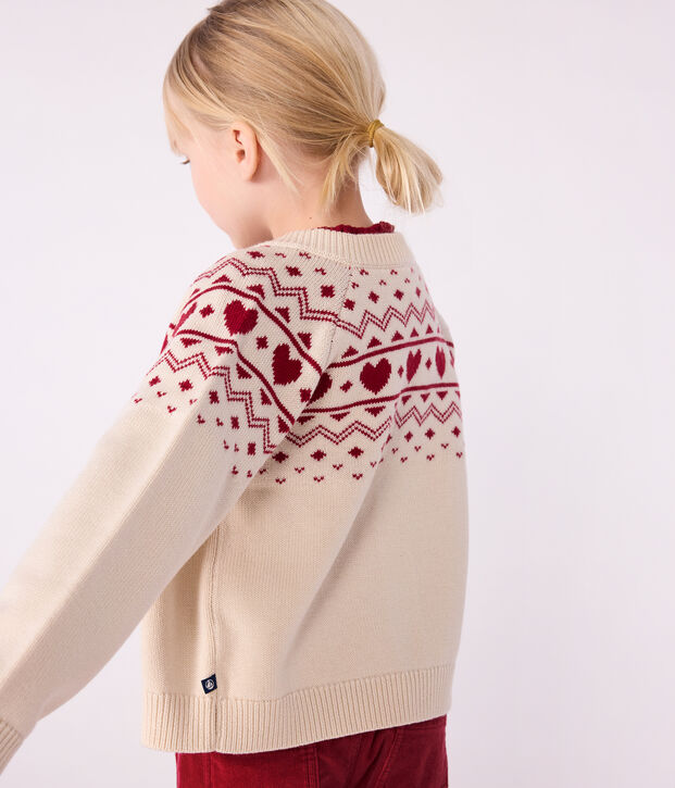 Kinder-Cardigan aus Wolle und Baumwolle mit Jacquard-Muster naturfarben/rot