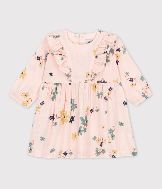 Bedrucktes langärmeliges Babykleid aus Musselin rosa SALINE/weiss MULTICO