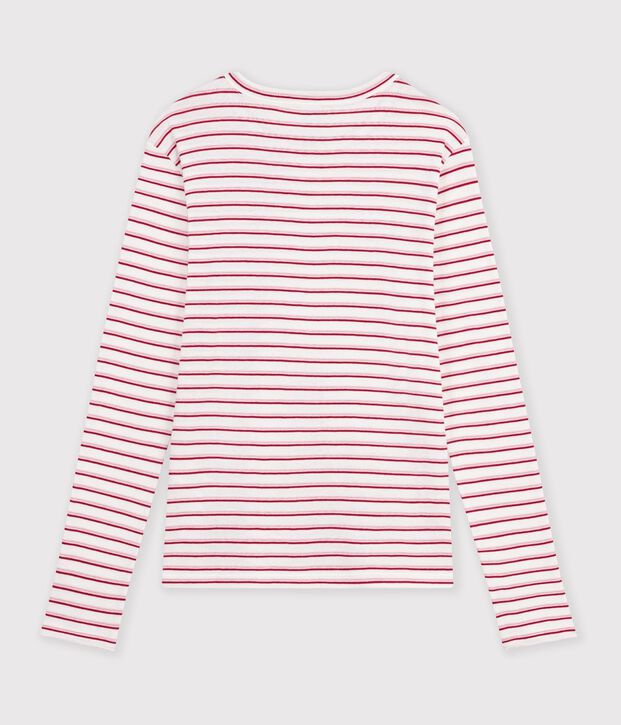 Lang&auml;rmeliges Damen T-Shirt aus Baumwolle mit Streifen weiss/rot