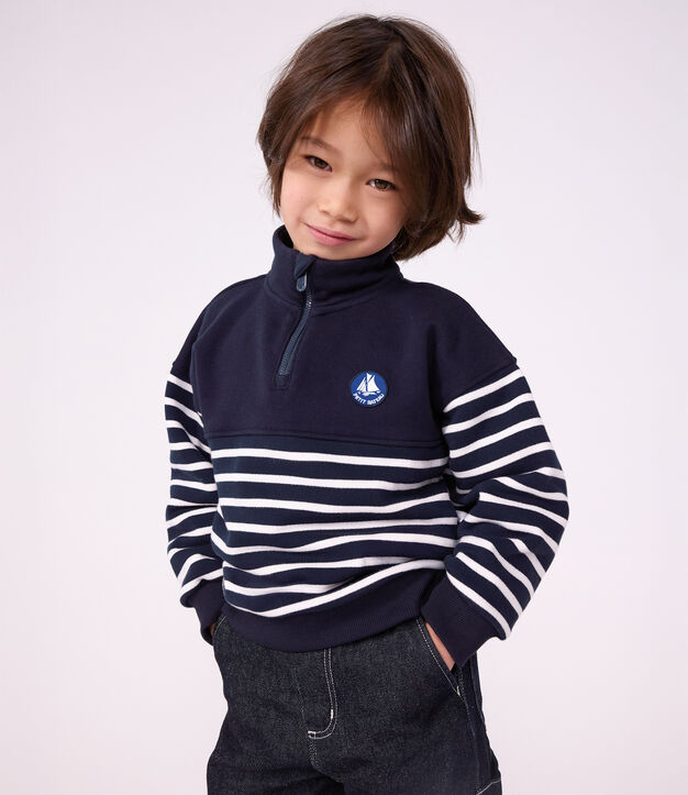 Kinder-Sweatshirt mit Rei&szlig;verschluss-Kragen aus gestreifter Baumwolle blau/weiss