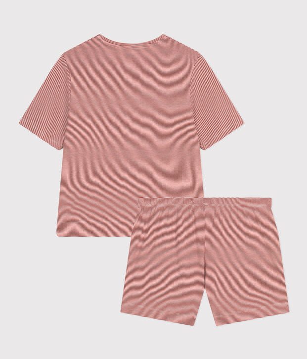 Damen-Pyjama bestehend aus kurzer Hose und T-Shirt aus gestreifter Baumwolle braun/weiss
