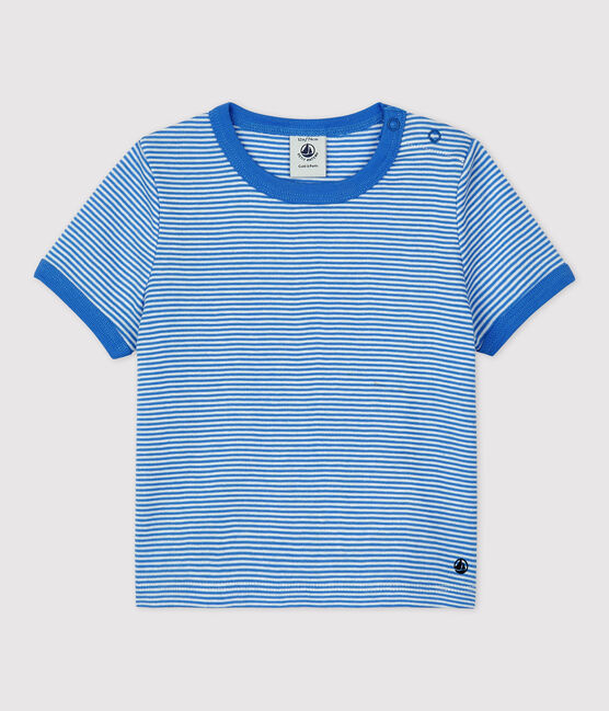 Kurzärmeliges Baby-T-Shirt aus Bio-Baumwolle mit Ringelstreifen blau BRASIER/grau MARSHMALLOW