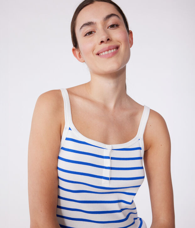 Damen-Kurzpyjama mit feinen Tr&auml;gern aus gestreifter Baumwolle weiss/blau
