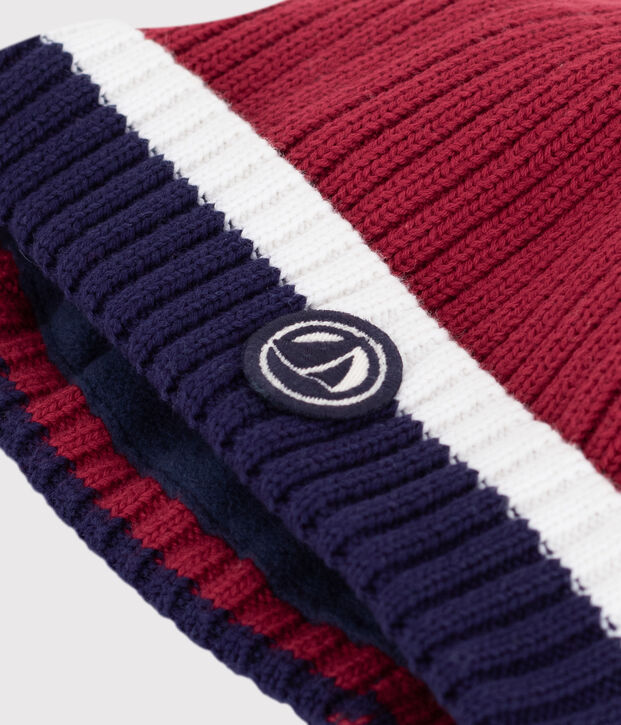 Baby-M&uuml;tze aus Strick mit Fleece-Futter rot/vielfarbig