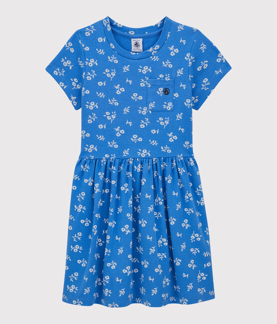 Kurzärmeliges Kleid aus Baumwolle für Mädchen blau BRASIER/grau MARSHMALLOW