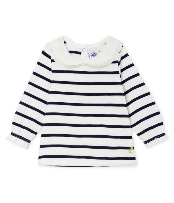 Langärmelige Baby-Bluse für Mädchen mit Streifen weiss MARSHMALLOW/blau SMOKING CN