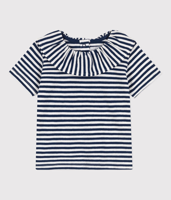 Kurzärmelige Babybluse aus gestreiftem geflammtem Jersey blau MEDIEVAL/weiss MARSHMALLOW