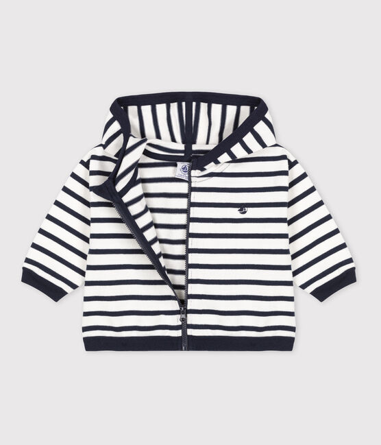 Baby-Kapuzensweatshirt aus dickem Jersey mit Marinestreifen weiss MARSHMALLOW/blau SMOKING