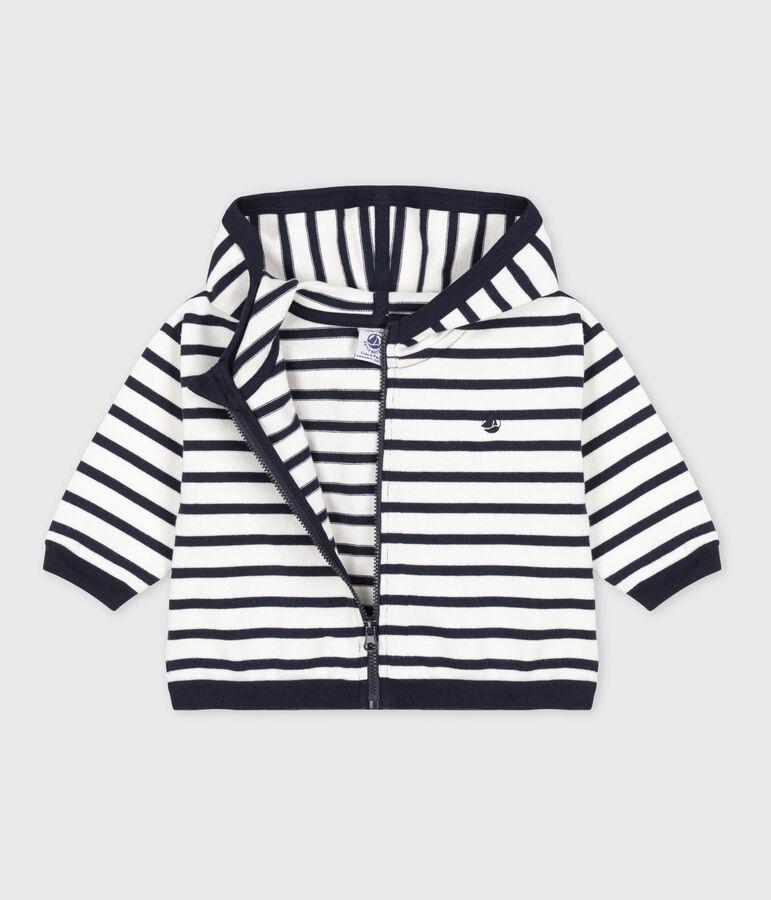 Baby-Kapuzensweatshirt aus dickem Jersey mit Marinestreifen weiss/blau