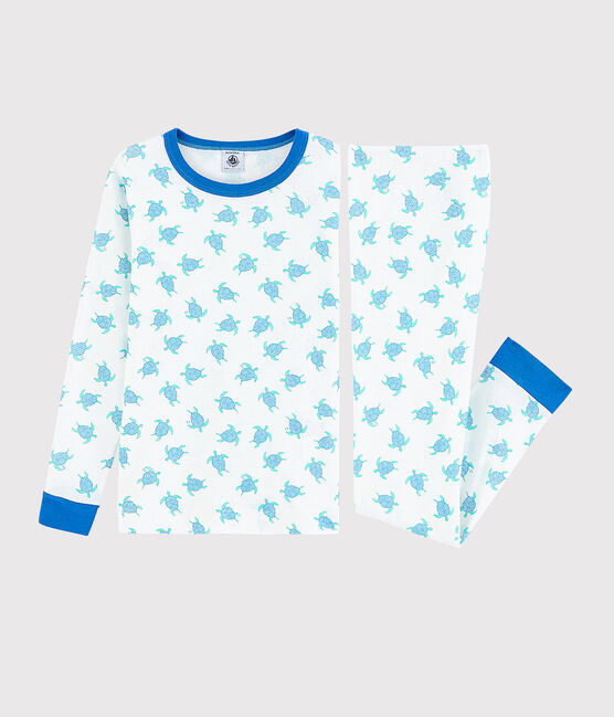 Snugfit-Kinderpyjama aus Baumwolle mit Schildkrötenmotiv weiss MARSHMALLOW/blau COOL