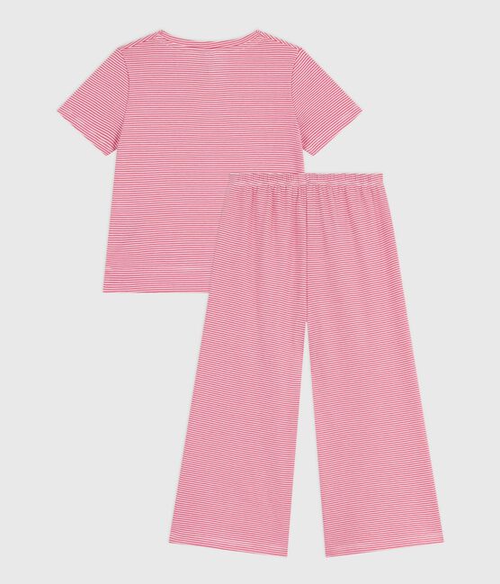 Kurzärmeliger Kinder-Pyjama aus Baumwolle mit weiten Beinen und Streifen rosa PEONIA/ MARSHMALLOW