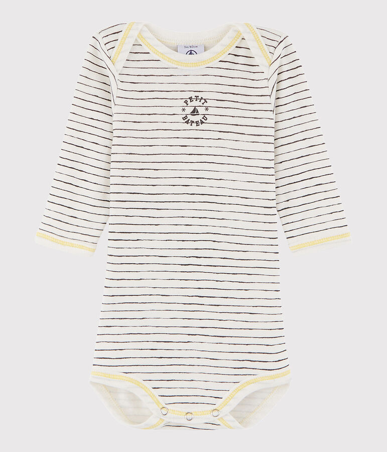 Lang&auml;rmeliger Baby-Body Jungen weiss MARSHMALLOW/grau MAKI/ MULTICO