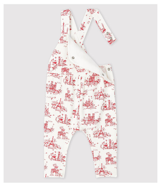 Lange Baby-Latzhose aus Molton für Mädchen weiss MARSHMALLOW/rot TERKUIT