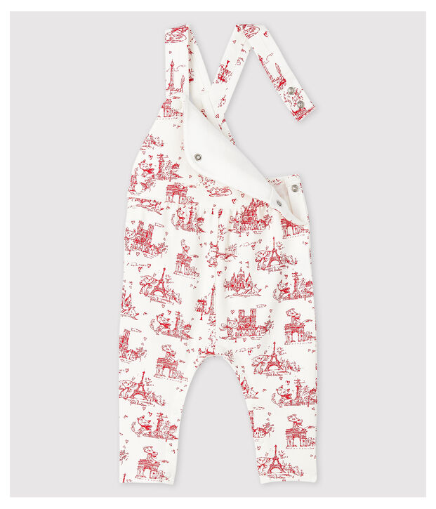 Lange Baby-Latzhose aus Molton f&uuml;r M&auml;dchen weiss/rot