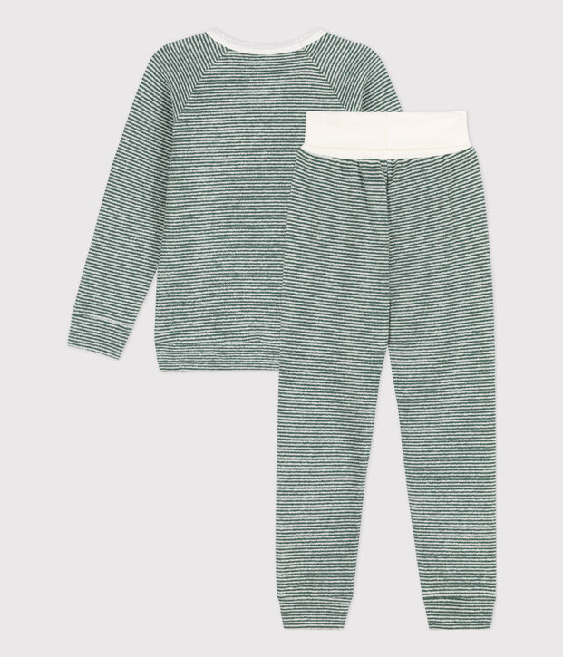 Kinderpyjama aus Baumwollfrottee mit Ringelstreifen gr&uuml;n/weiss