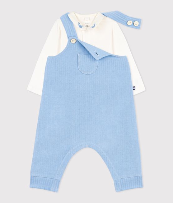 Baby-Set Latzhose/Body aus einfarbiger Baumwolle mit hübschen Stickereien blau FLO/ MILK