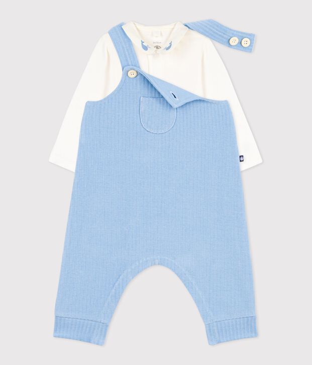 Baby-Set Latzhose/Body aus einfarbiger Baumwolle mit h&uuml;bschen Stickereien blau/naturfarben