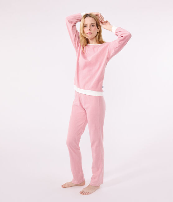 Damen-Pyjama aus Baumwolle mit Streifen rosa ROSEWOOD/ MARSHMALLOW