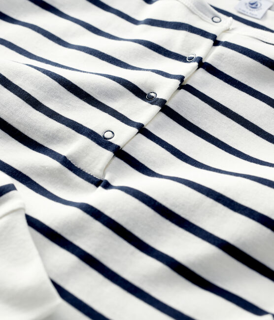 Baumwoll-T-Shirt mit Marinestreifen und Kragen mit Knopfleiste Damen weiss MARSHMALLOW/blau SMOKING