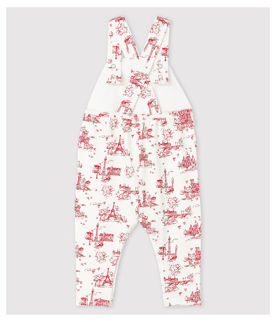 Lange Baby-Latzhose aus Molton für Mädchen weiss MARSHMALLOW/rot TERKUIT