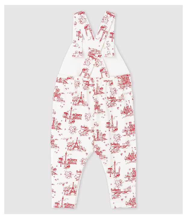 Lange Baby-Latzhose aus Molton f&uuml;r M&auml;dchen weiss/rot