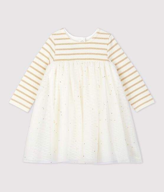 Langärmeliges Babykleid aus Materialmix für Mädchen beige COQUILLE/gelb LUREX DORE