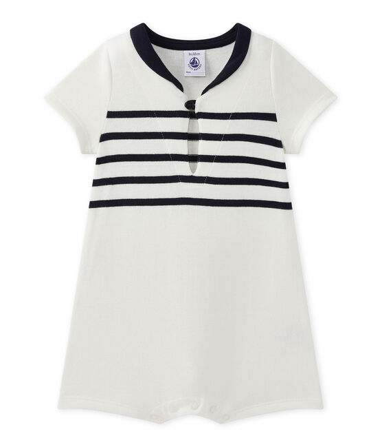 Kurzer Baby-Jungen-Einteiler weiss MARSHMALLOW/blau SMOKING