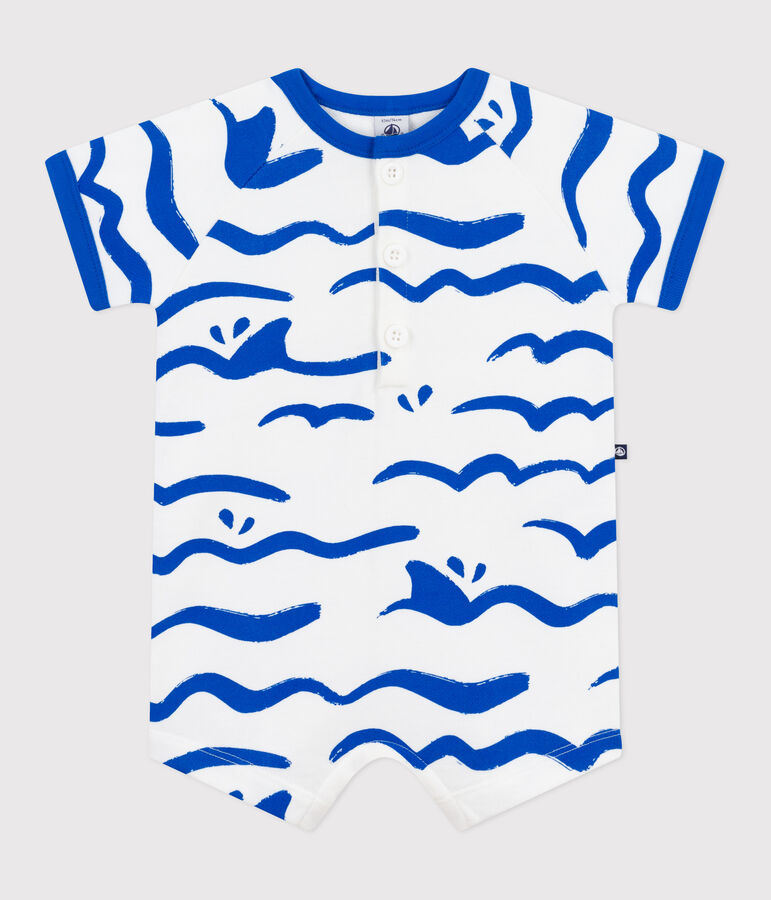 Kurz&auml;rmeliger Baby-Kurzoverall aus Baumwolle mit Hai-Motiv. weiss/blau