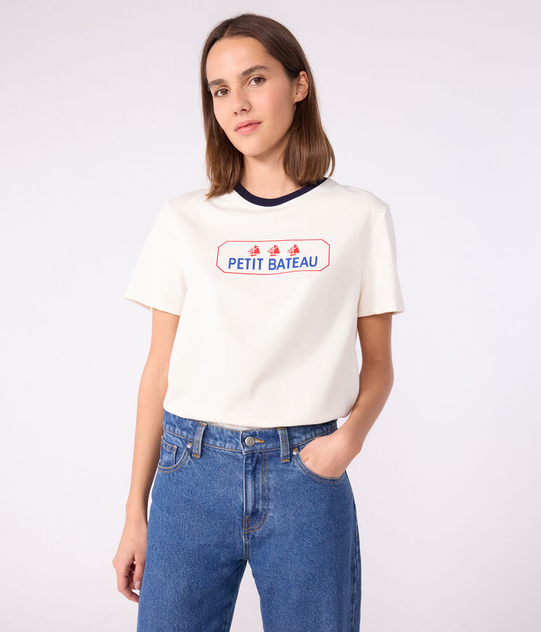 Kurz&auml;rmeliges Damen T-Shirt Le Droit mit geradem Schnitt aus Baumwolle naturfarben/blau