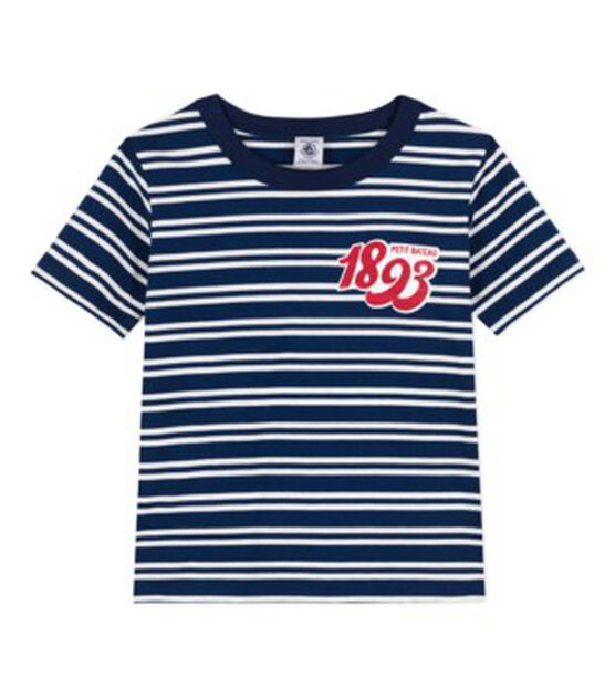 Gestreiftes Kinder-T-Shirt aus Baumwolle für Jungen blau MEDIEVAL/weiss MARSHMALLOW