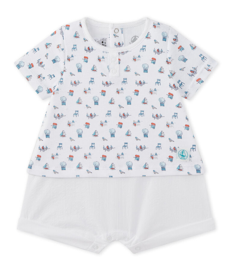 Kurzer Baby-Jungen-Einteiler im Materialmix weiss ECUME/weiss MULTICO