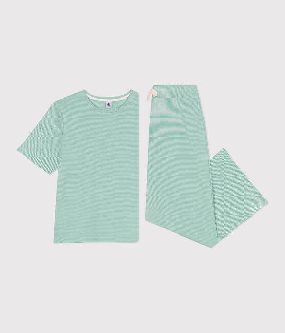 Damen-Pyjama aus Baumwolle mit weiten Beinen und Streifen grün ALOEVERA/weiss MARSHMALLOW