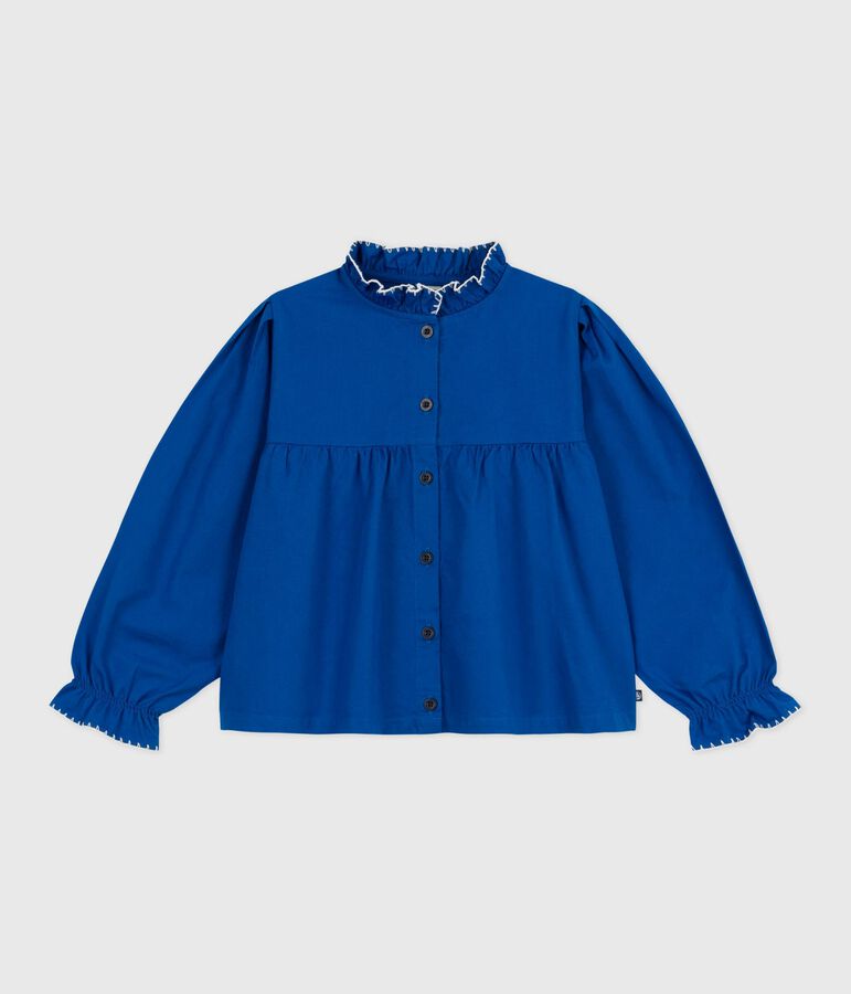 Lang&auml;rmelige Kinder-Bluse aus einfarbigem Baumwoll-Twill blau