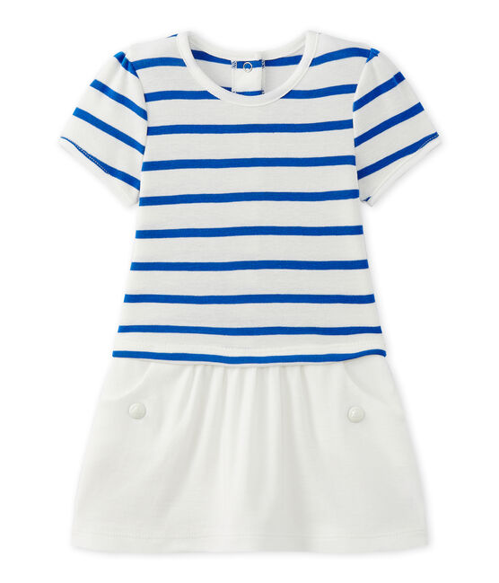 Kurzärmeliges Baby-Mädchen-Kleid weiss MARSHMALLOW/blau PERSE